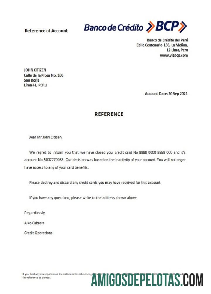 Peru Banco De Credito Closure Reference modelo